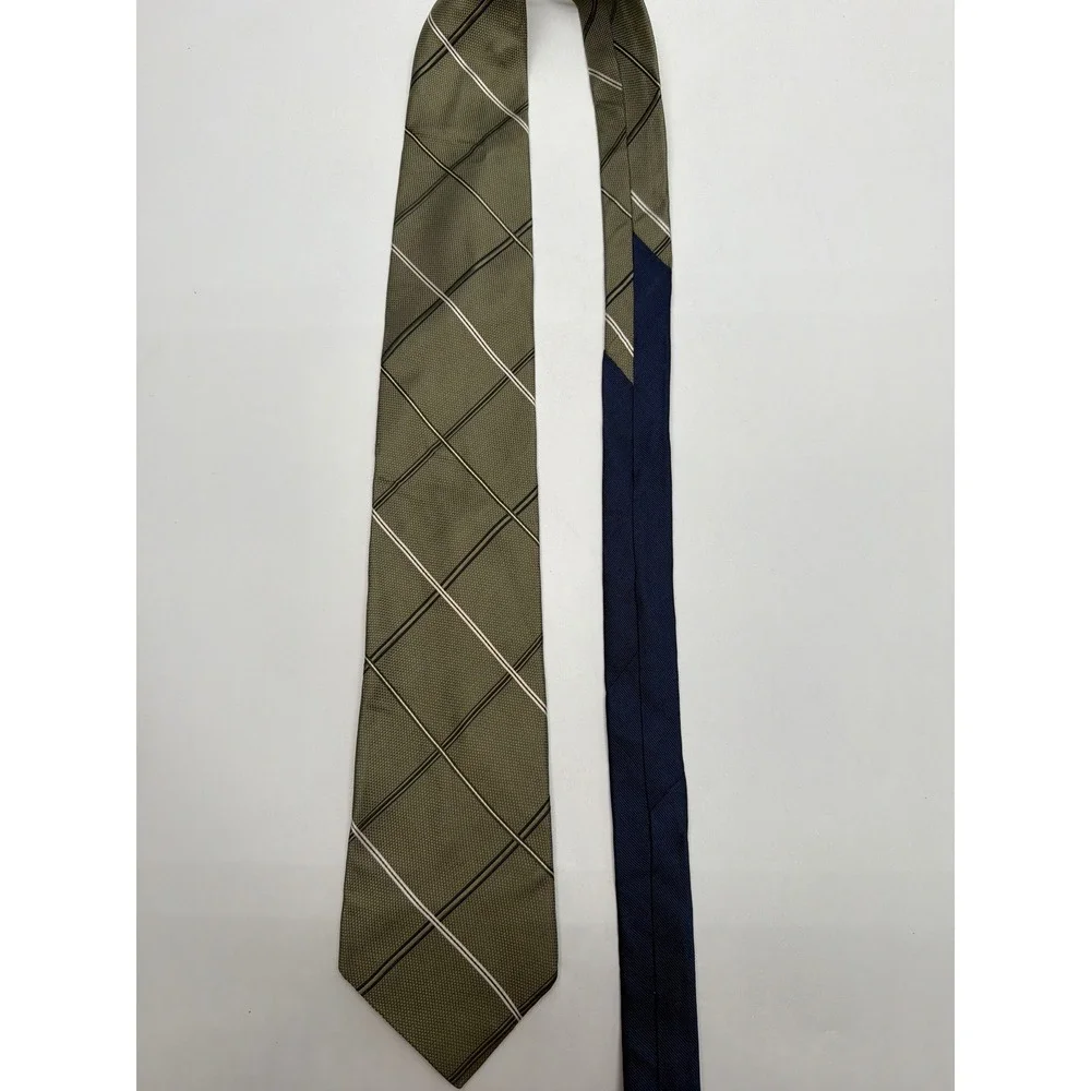 Tommy Hilfiger Mens Silk Tie Olive Green Plaid Diagonal Stripe Made in USA